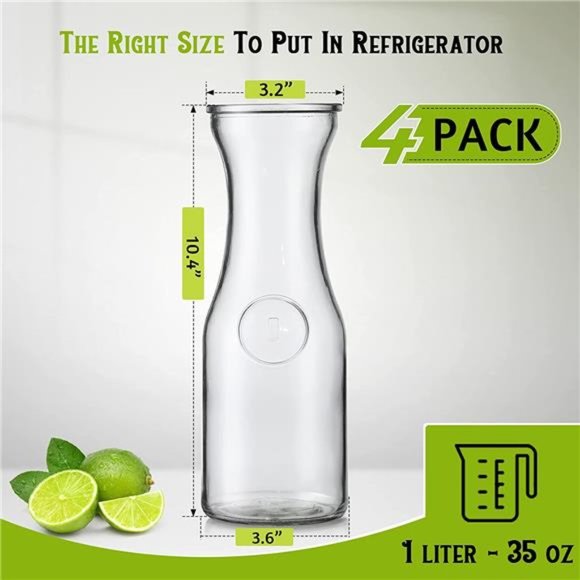 Set of 4 Glass Carafe with Lid, 1 Liter Beverage Serveware Carafe, Clear Glass - Picture 3 of 6